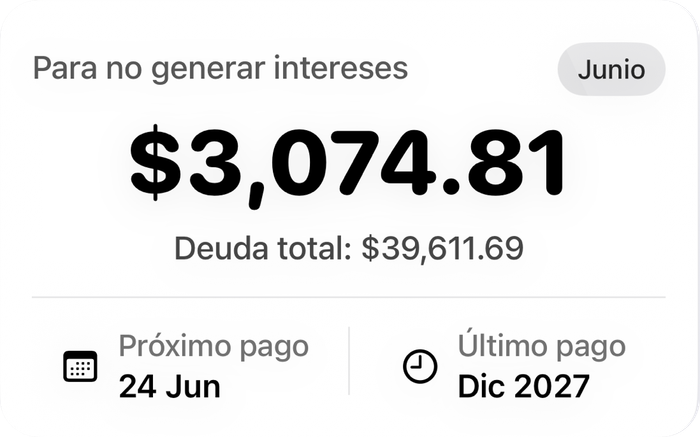 Detalle real de fidelio: pago para no generar intereses, deuda total y fechas de pago