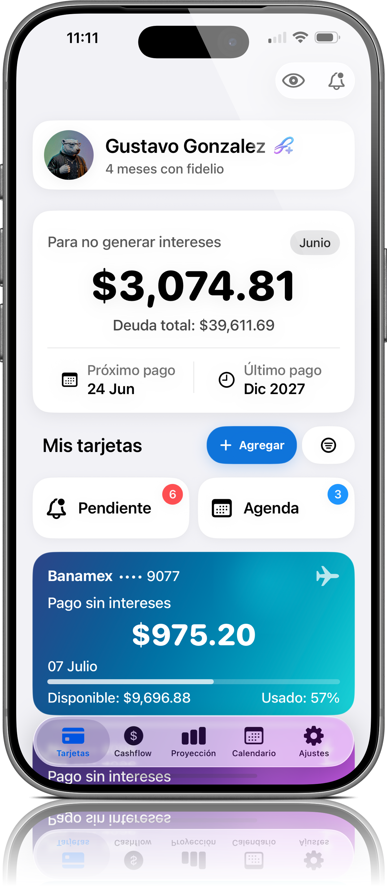 Vista real de Tarjetas en fidelio con saldos, pagos y fechas